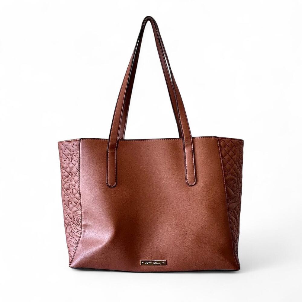 Vintage Betsey Johnson Cognac Leather Embroidered Quilted Structured Tote Bag